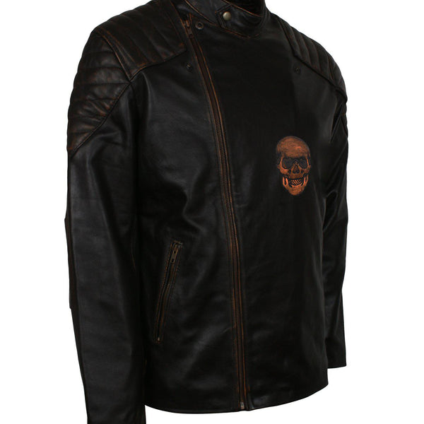 Men's Black Skull Embossed Ride Genuine Leather Biker Jacket