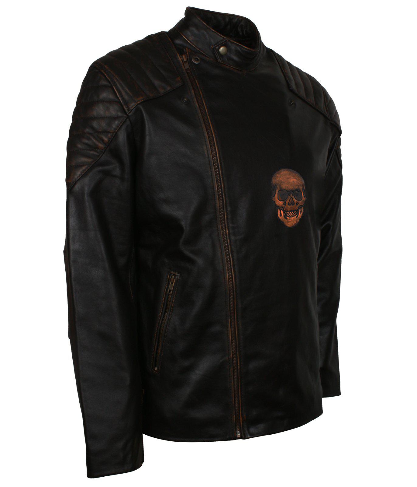 Men's Black Skull Embossed Ride Genuine Leather Biker Jacket
