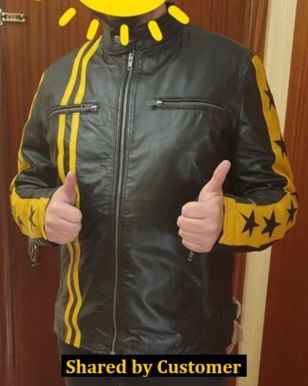 Men's Black and Yellow Leather Jacket with Stars and Stripes