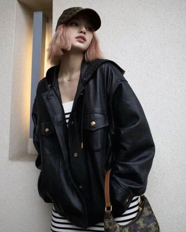 Blackpink Lisa Oversized Leather Jacket with Hood
