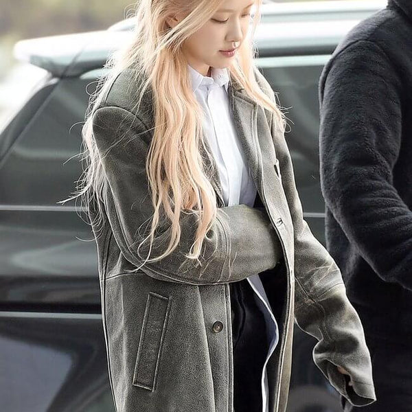 Blackpink Rose Distressed Oversized Leather Coat Women