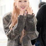 Blackpink Rose Distressed Oversized Leather Coat Women