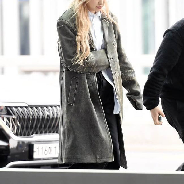 Blackpink Rose Distressed Oversized Leather Coat Women