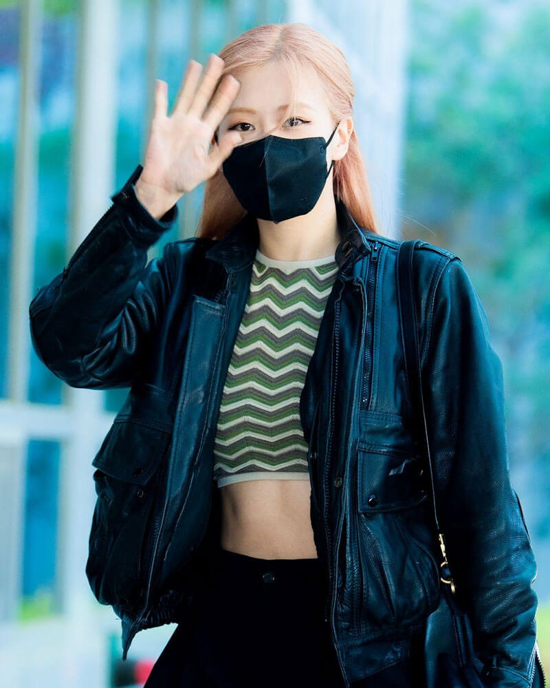Rose Black Leather Jacket Blackpink Airport Fashion