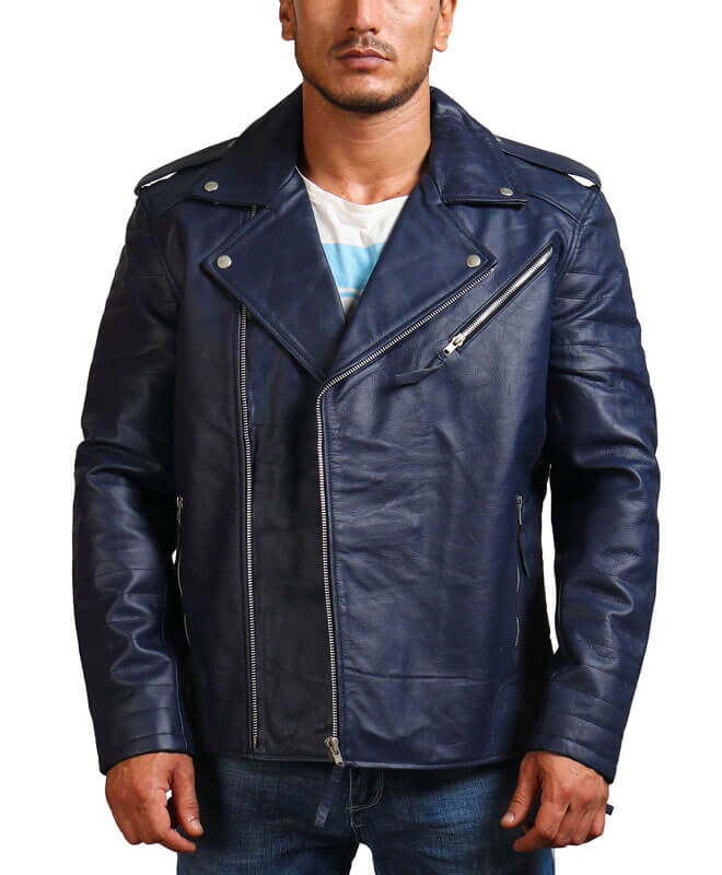Blue Motorcycle Genuine Leather Jacket