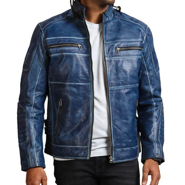 Men's Biker Blue Leather Jacket