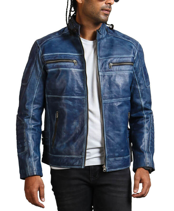 Men's Biker Blue Leather Jacket