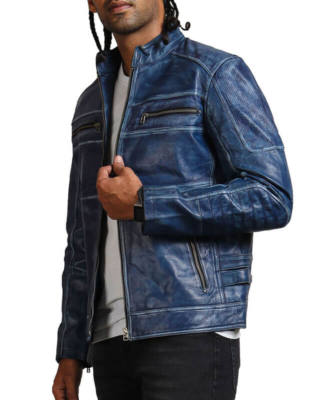 Men's Biker Blue Leather Jacket