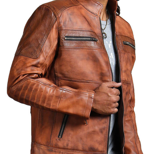Men’s Brown Perforated Leather Biker Jacket