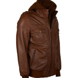 Men's Brown Bomber Leather Jacket with Hood
