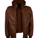 Men's Brown Bomber Leather Jacket with Hood