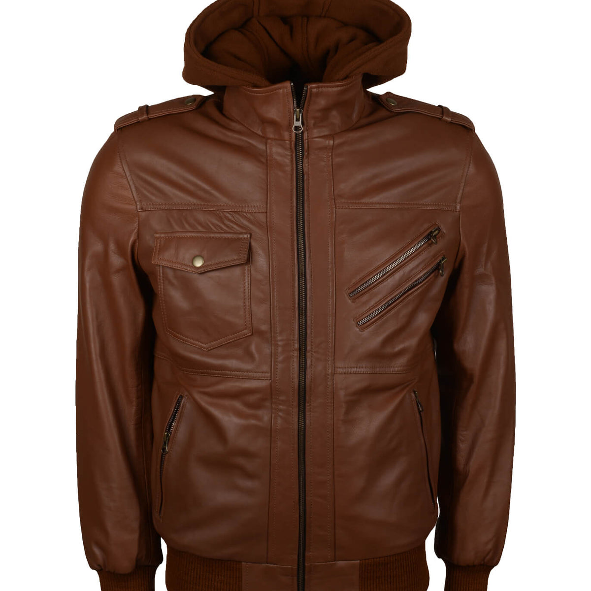 Men's Brown Bomber Leather Jacket with Hood