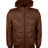Men's Brown Bomber Leather Jacket with Hood