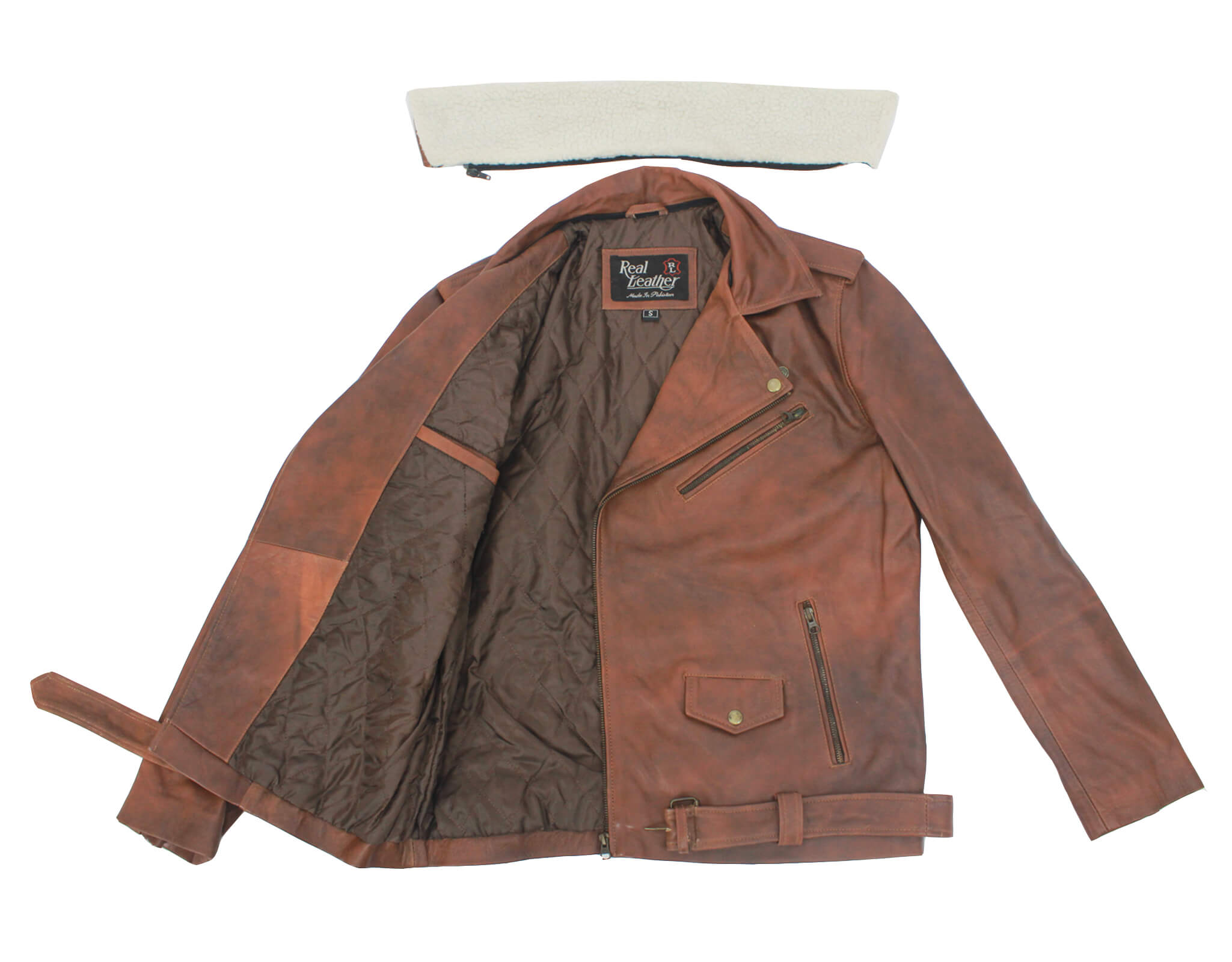 Vintage Brown Motorcycle Leather Jacket with Fur Collar