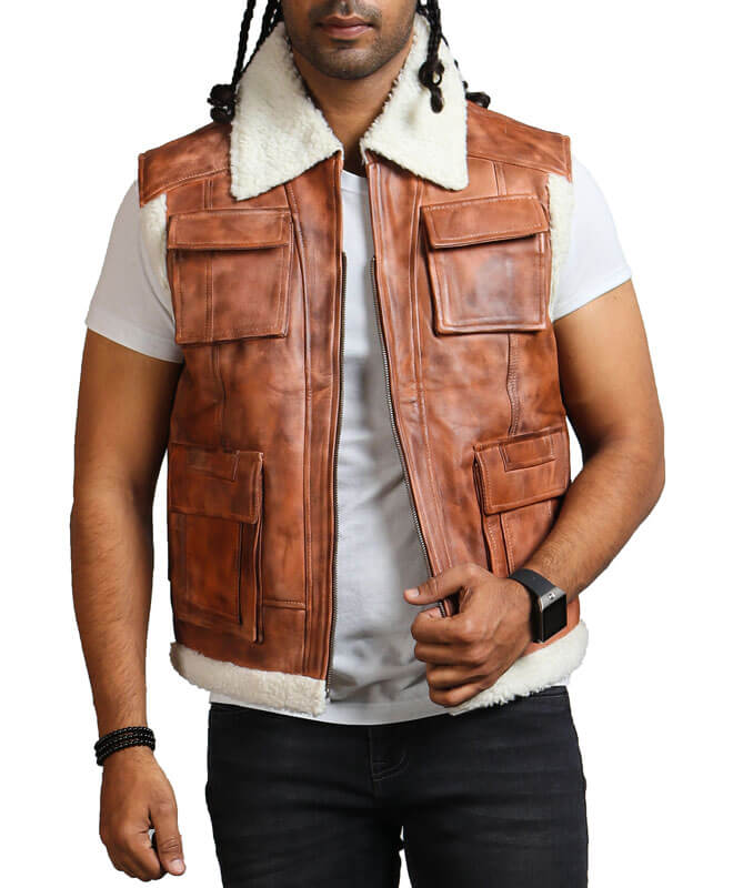 Brown Winter Leather Vest With Fur Lining