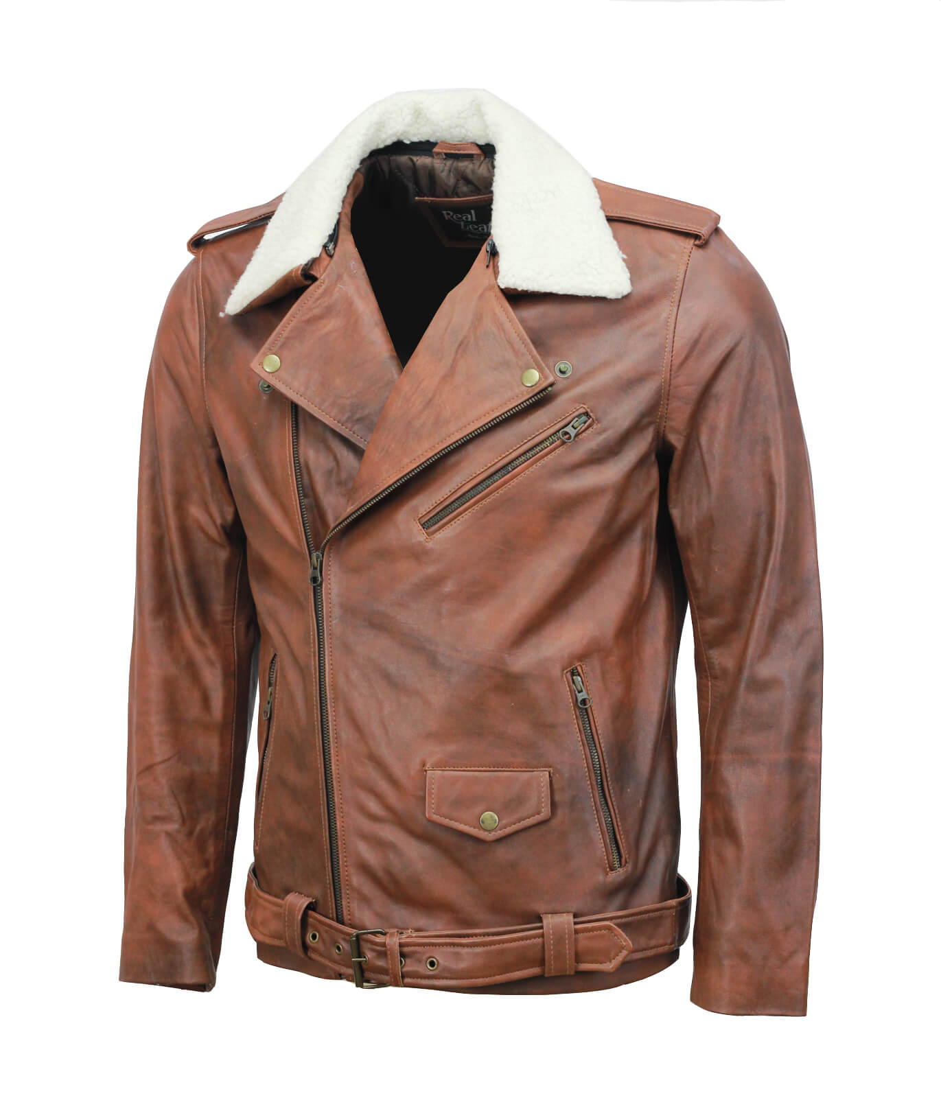 Vintage Brown Motorcycle Leather Jacket with Fur Collar