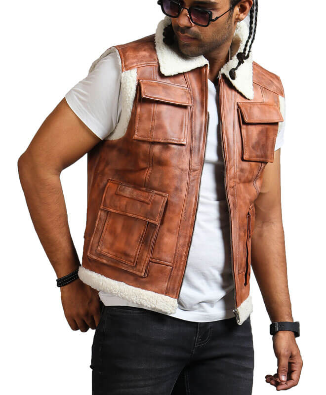 Brown Winter Leather Vest With Fur Lining