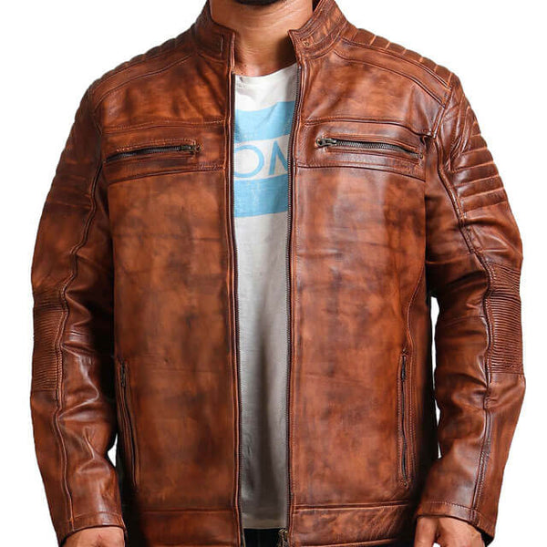 Café Racer Hand-Waxed Brown Leather Jacket