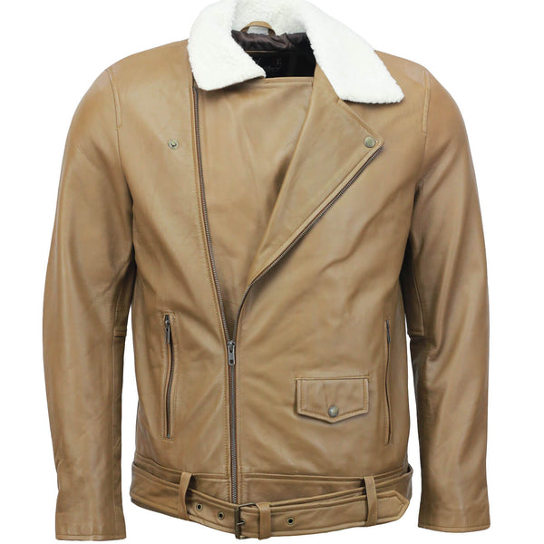 Camel Motorcycle Leather Jacket with Fur Collar