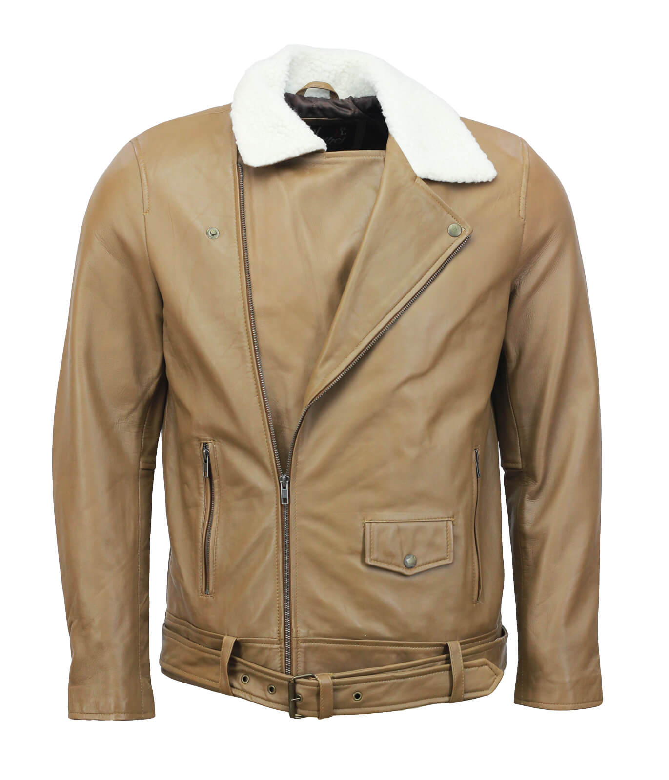 Camel Motorcycle Leather Jacket with Fur Collar