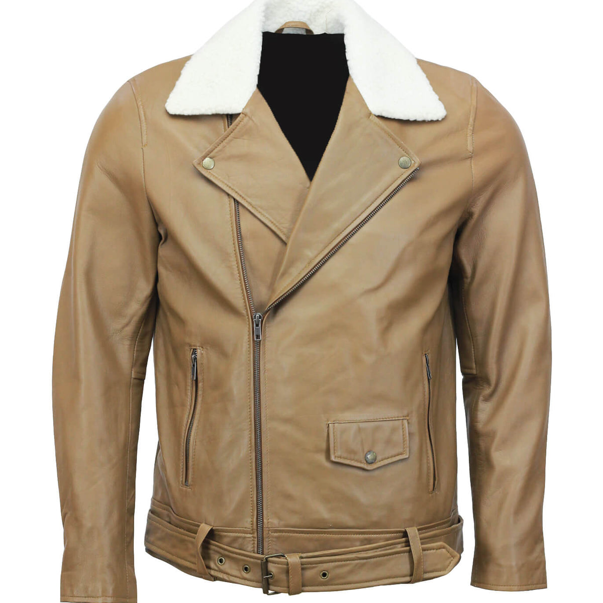 Camel Motorcycle Leather Jacket with Fur Collar