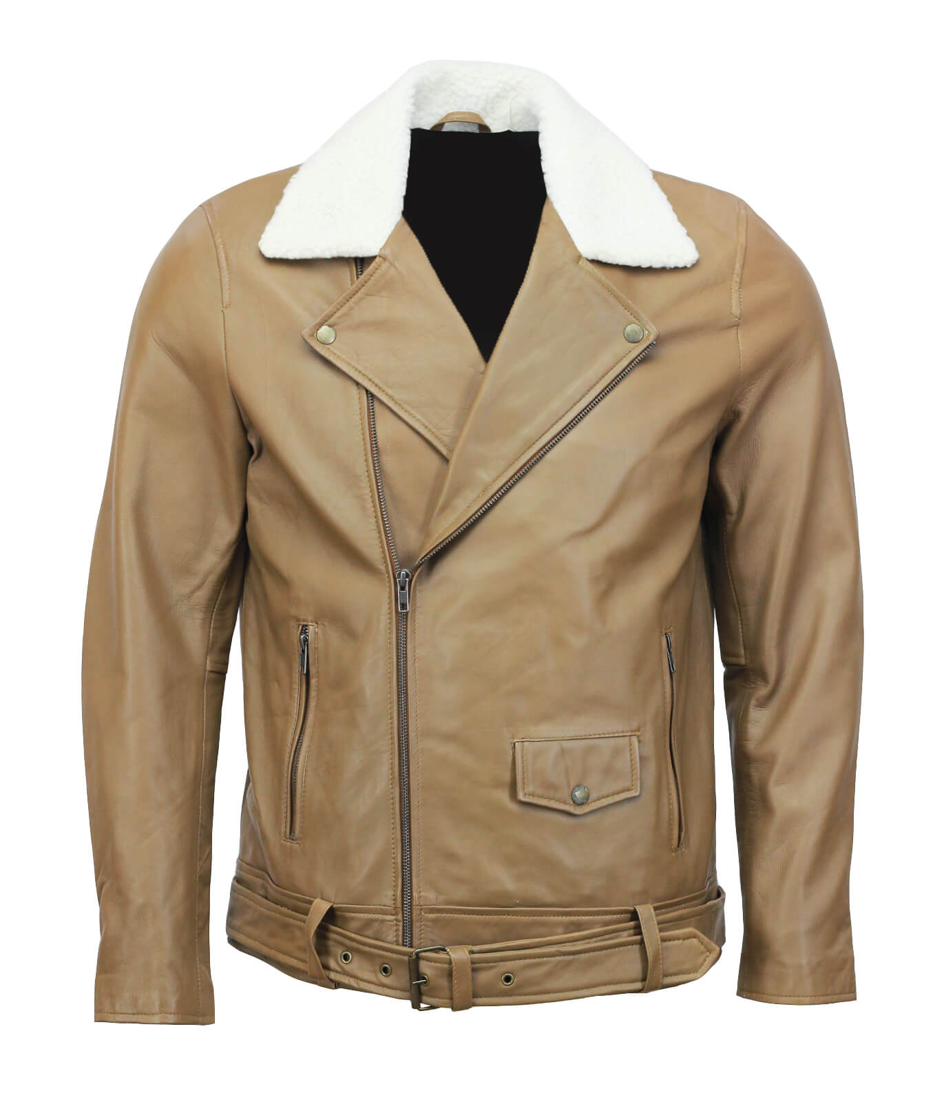 Camel Motorcycle Leather Jacket with Fur Collar