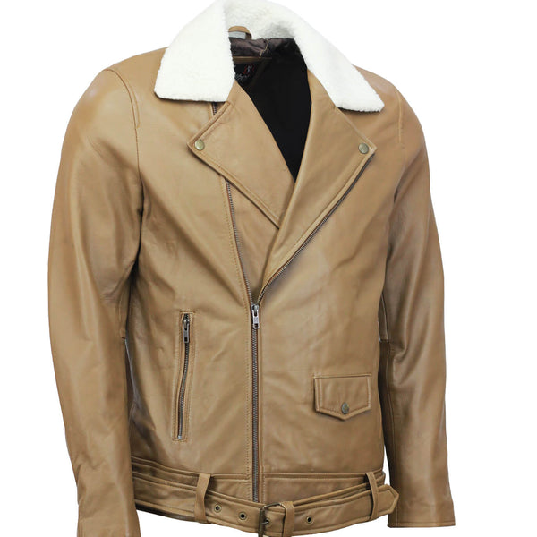 Camel Motorcycle Leather Jacket with Fur Collar