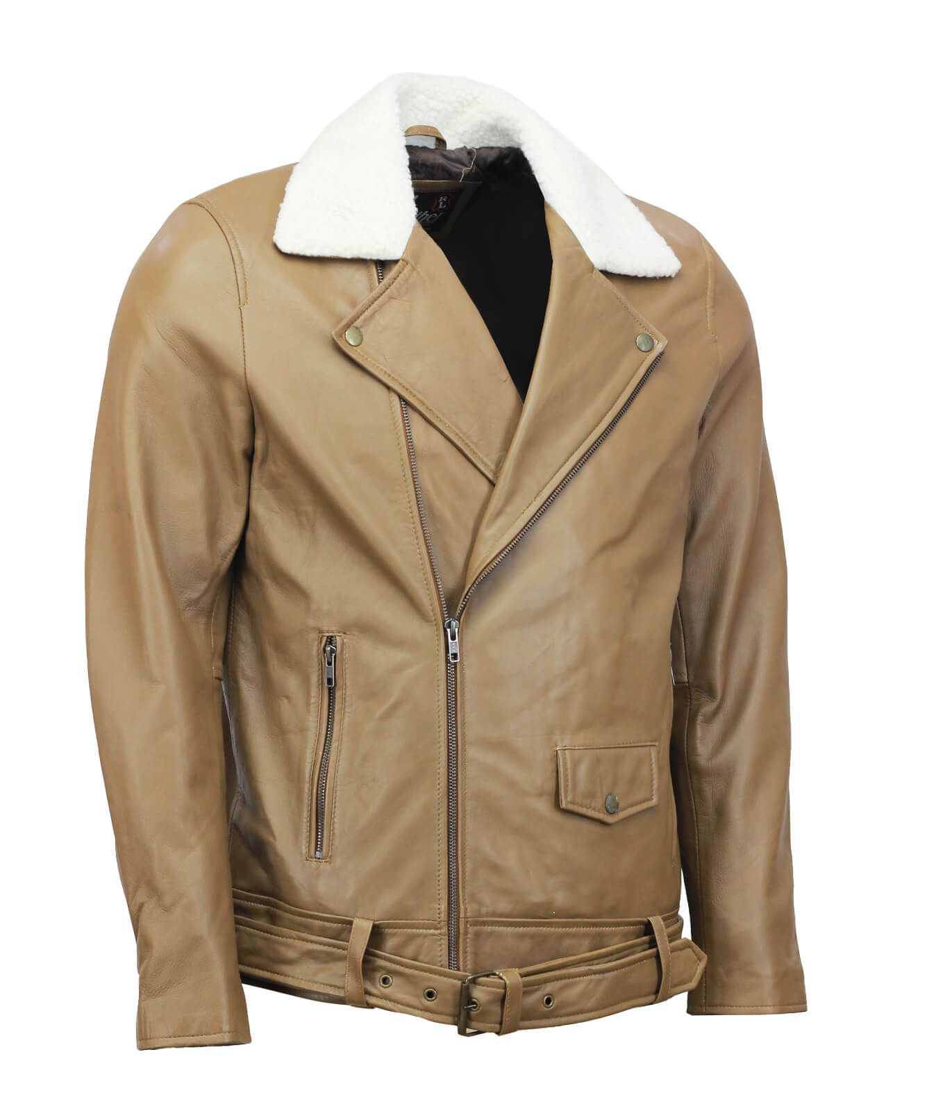 Camel Motorcycle Leather Jacket with Fur Collar