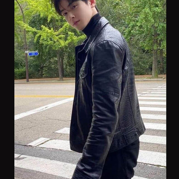 Cha Eun Woo Black Trucker Leather Jacket