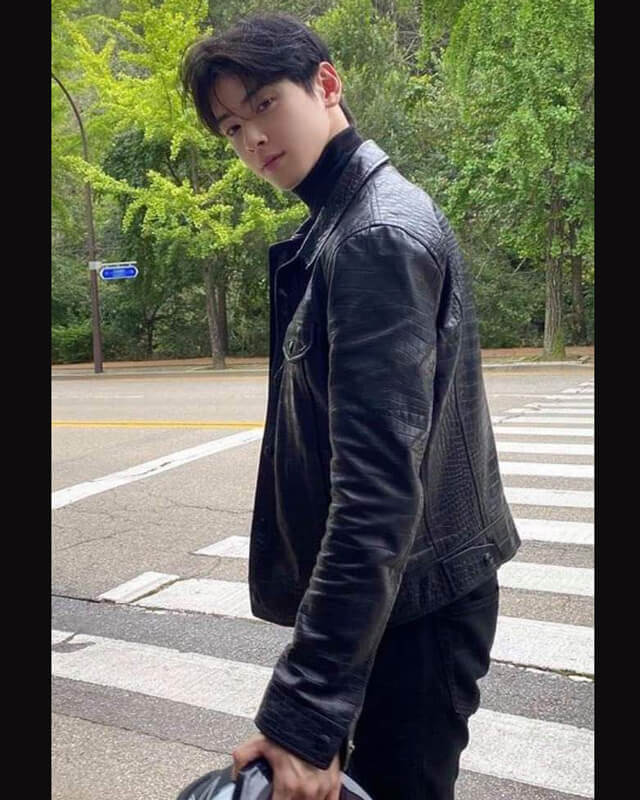 Cha Eun Woo Black Trucker Leather Jacket