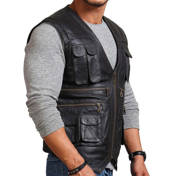 Men's Biker Black Leather Vest
