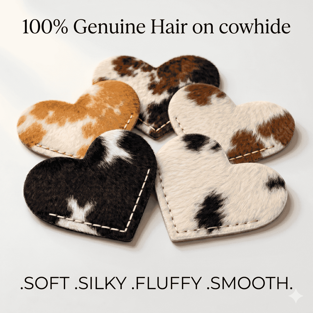 Cowhide Leather Heart Bookmarks 12-Pack, showing soft hair-on fur texture close-up