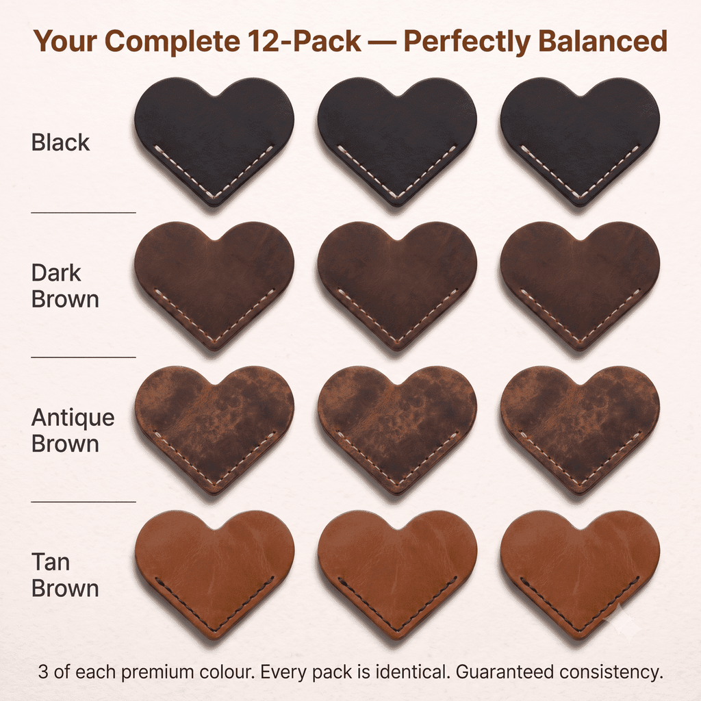 Genuine Leather Heart Bookmarks 12-Pack, showing assortment in 4 earth tones