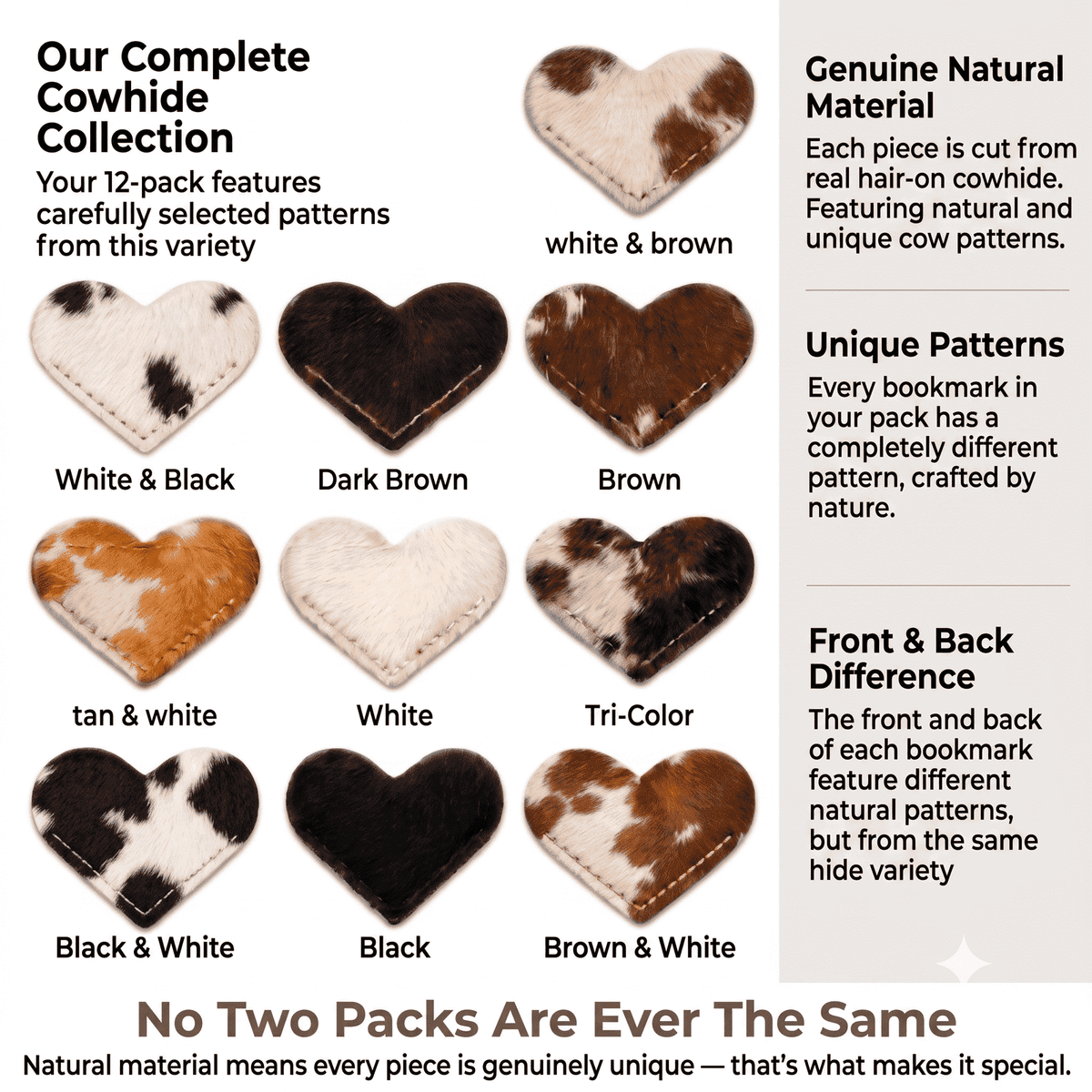 Cowhide Leather Heart Bookmarks 12-Pack, showing collection of 12 natural patterns