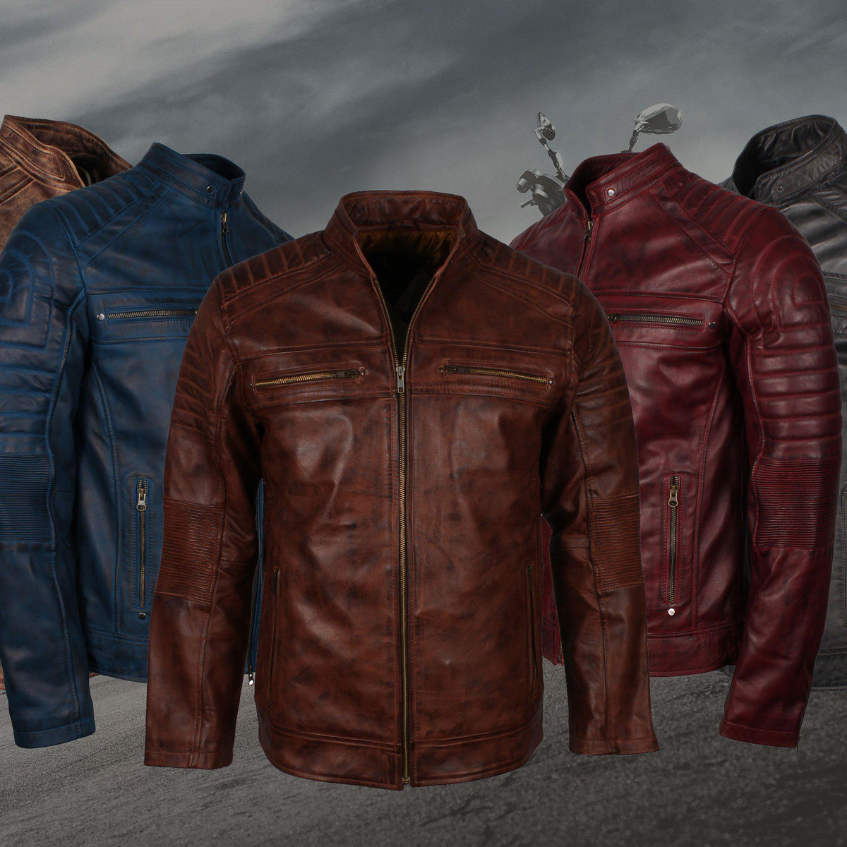 Men's Cafe Racer Maroon Grey Brown Blue Tan Genuine Leather Biker Jacket