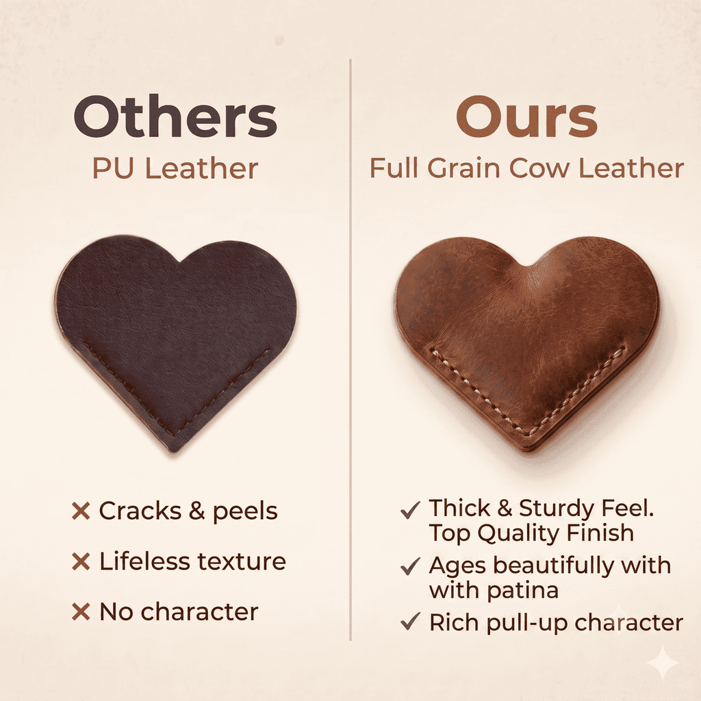 Genuine Leather Heart Bookmarks 12-Pack, showing full-grain vs synthetic comparison