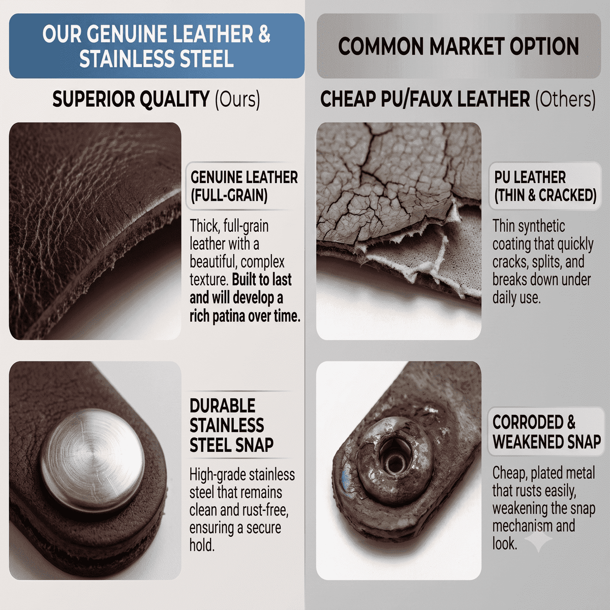 Leather Cable Ties 10-Pack, showing full-grain vs PU comparison