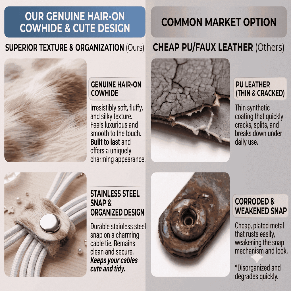 Genuine Cowhide Cord Organizer Pack of 10, showing material quality comparison