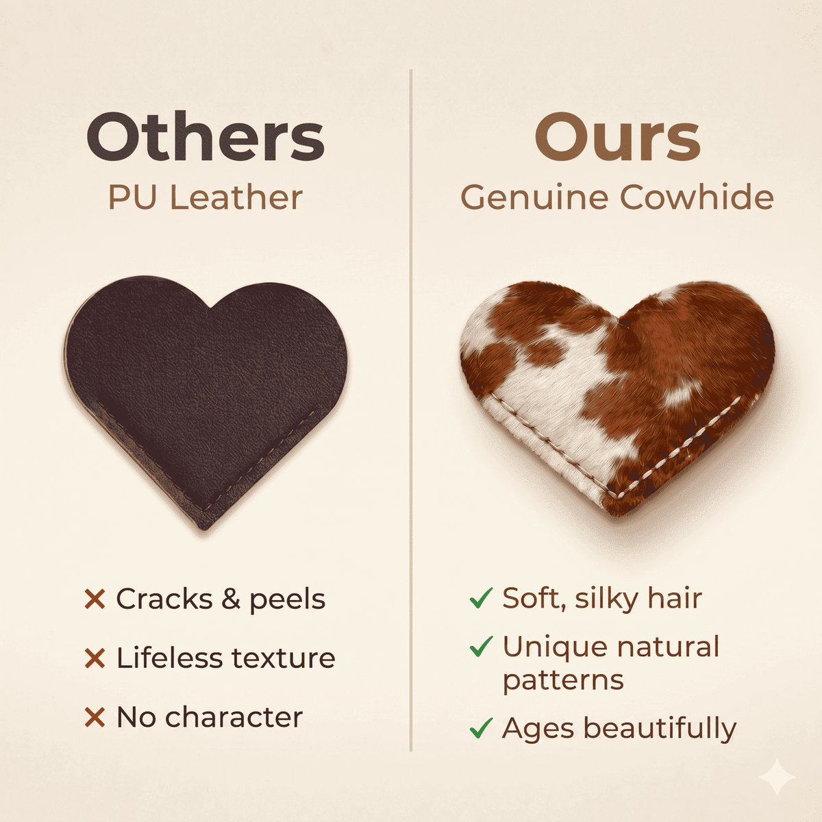 Cowhide Leather Heart Bookmarks 12-Pack, showing durability comparison with synthetics