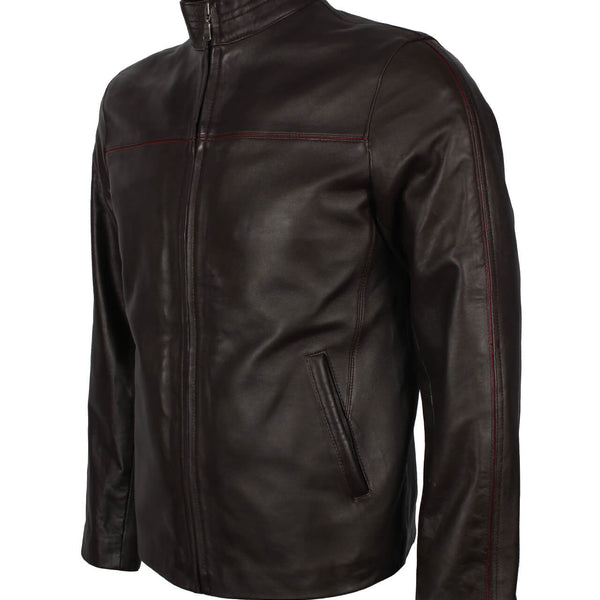 Dark Brown Leather Jacket with Red Stripe