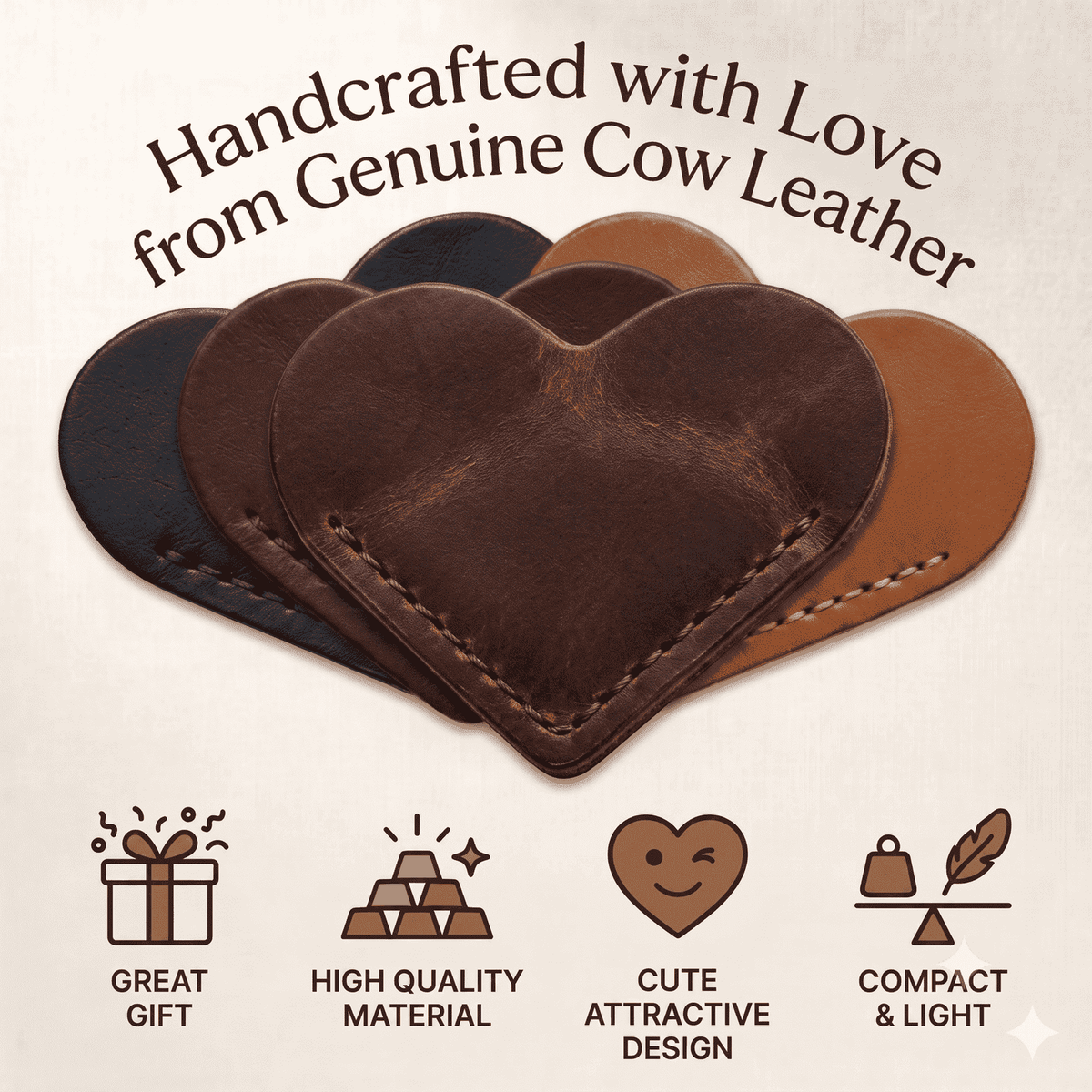Genuine Leather Heart Bookmarks 12-Pack, showing hand-stitched edge detail