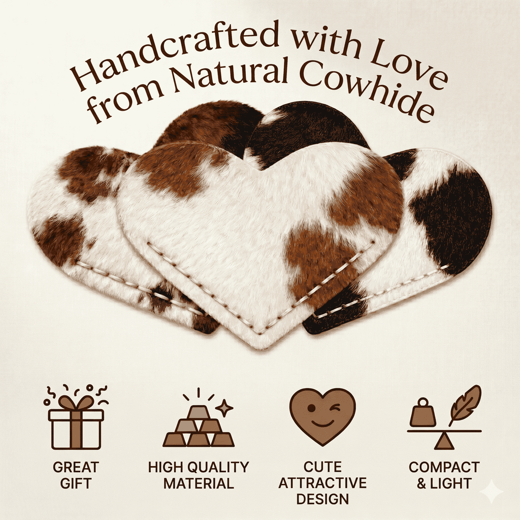 Cowhide Leather Heart Bookmarks 12-Pack, showing hand-stitched border and fur detail