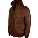 Men's Brown Bomber Leather Jacket with Hood