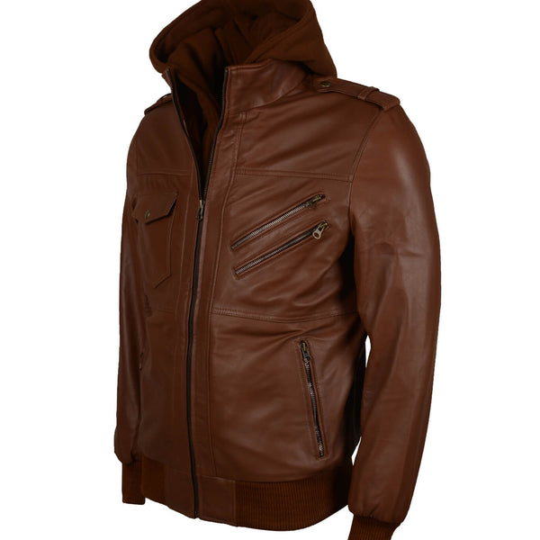Men's Brown Bomber Leather Jacket with Hood