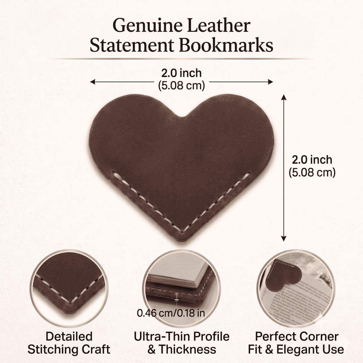 Genuine Leather Heart Bookmarks 12-Pack, showing dimensions and 2x2 corner fit