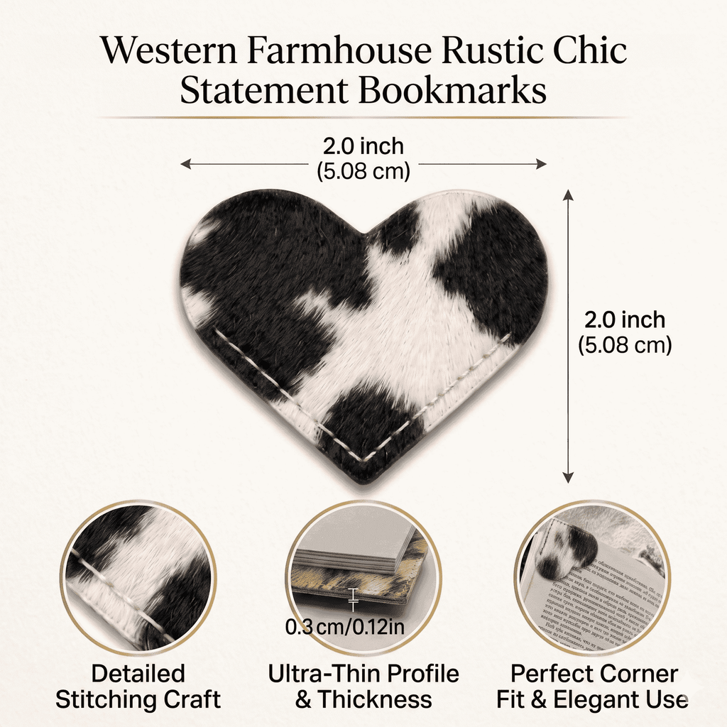Cowhide Leather Heart Bookmarks 12-Pack, showing dimensions and corner page fit