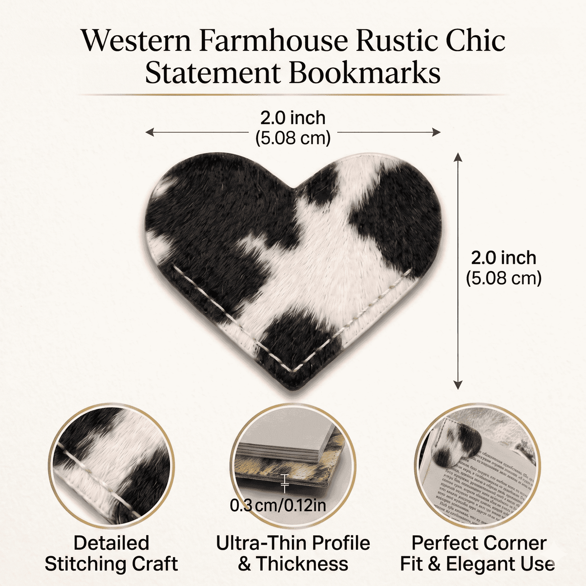 Cowhide Leather Heart Bookmarks 12-Pack, showing dimensions and corner page fit