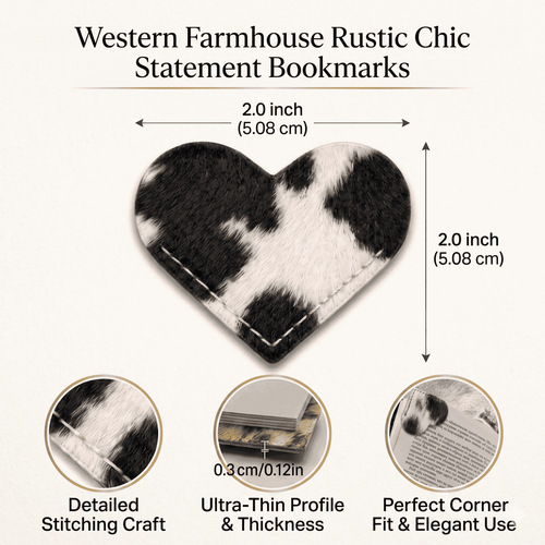 Cowhide Leather Heart Bookmarks 12-Pack, showing dimensions and corner page fit