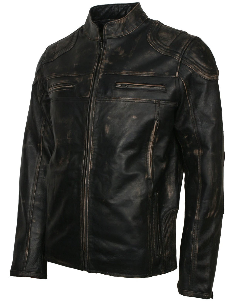 Men's Biker Distressed Leather Jacket With Zipper