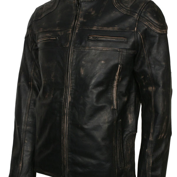 Men's Biker Distressed Leather Jacket With Zipper